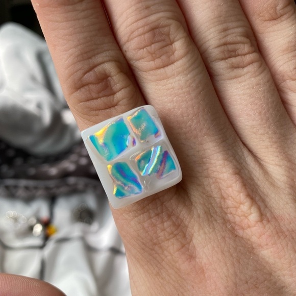 Holographic Homemade Ring w White Stone Base Size 8 Adjustable - Picture 3 of 7
